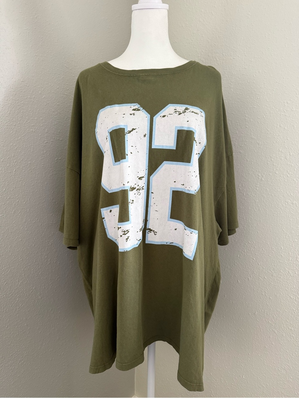 Double Zero Oversized " 92 " Graphic Tee Olive Green Distressed Cotton Top L